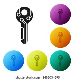 Black Cryptocurrency key icon isolated on white background. Concept of cyber security or private key, digital key with technology interface. Set icons colorful circle buttons. Vector Illustration