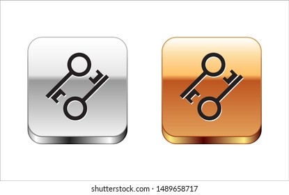 Black Cryptocurrency key icon isolated on white background. Concept of cyber security or private key, digital key with technology interface. Silver-gold square button. Vector Illustration