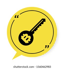 Black Cryptocurrency key icon isolated on white background. Concept of cyber security or private key, digital key with technology interface. Yellow speech bubble symbol. Vector Illustration