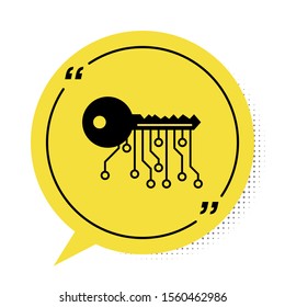 Black Cryptocurrency key icon isolated on white background. Concept of cyber security or private key, digital key with technology interface. Yellow speech bubble symbol. Vector Illustration