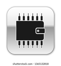 Black Cryptocurrency wallet icon isolated on white background. Wallet and bitcoin sign. Mining concept. Money, payment, cash, pay icon. Silver square button. Vector Illustration