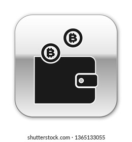 Black Cryptocurrency wallet icon isolated on white background. Wallet and bitcoin sign. Mining concept. Money, payment, cash, pay icon. Silver square button. Vector Illustration
