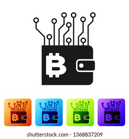 Black Cryptocurrency wallet icon isolated on white background. Wallet and bitcoin sign. Mining concept. Money, payment, cash, pay icon. Set icon in color square buttons. Vector Illustration
