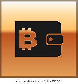 Black Cryptocurrency wallet icon isolated on gold background. Wallet and bitcoin sign. Mining concept. Money, payment, cash, pay icon. Vector Illustration