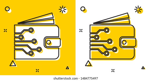 Black Cryptocurrency wallet icon isolated on yellow and white background. Wallet and bitcoin sign. Mining concept. Money, payment, cash, pay icon. Random dynamic shapes. Vector Illustration