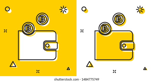 Black Cryptocurrency wallet icon isolated on yellow and white background. Wallet and bitcoin sign. Mining concept. Money, payment, cash, pay icon. Random dynamic shapes. Vector Illustration