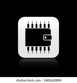 Black Cryptocurrency wallet icon isolated on black background. Wallet and bitcoin sign. Mining concept. Money, payment, cash, pay icon. Silver square button. Vector Illustration