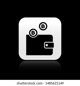 Black Cryptocurrency wallet icon isolated on black background. Wallet and bitcoin sign. Mining concept. Money, payment, cash, pay icon. Silver square button. Vector Illustration