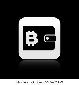 Black Cryptocurrency wallet icon isolated on black background. Wallet and bitcoin sign. Mining concept. Money, payment, cash, pay icon. Silver square button. Vector Illustration