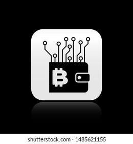 Black Cryptocurrency wallet icon isolated on black background. Wallet and bitcoin sign. Mining concept. Money, payment, cash, pay icon. Silver square button. Vector Illustration