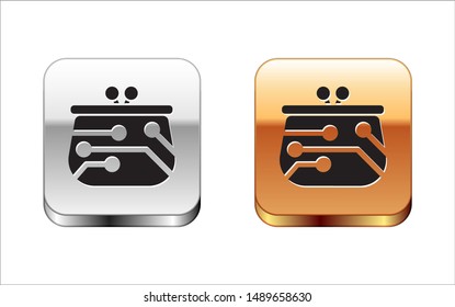 Black Cryptocurrency wallet icon isolated on white background. Wallet and bitcoin sign. Mining concept. Money, payment, cash, pay icon. Silver-gold square button. Vector Illustration