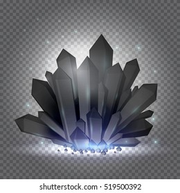 Black crystals on transparent background. Gemstone, mineral stone or ice. Vector illustration.
