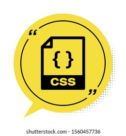 Black CSS file document. Download css button icon isolated on white background. CSS file symbol. Yellow speech bubble symbol. Vector Illustration