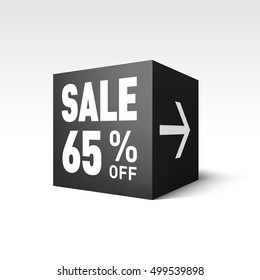Black Cube Banner Template for Holiday Sale Event. Sixty-five Percent off Discount