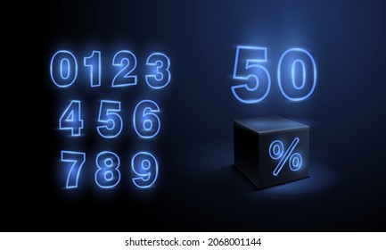 Black cube with blue neon glowing percent symbol and set of neon numbers for discount offer banner template.