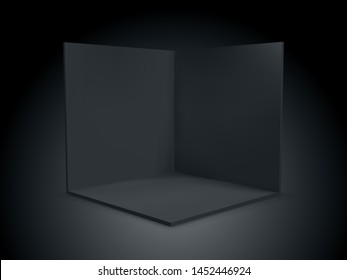 Black cube box 3D, corner room inside interior cross section. Vector black transparent empty geometric square 3D cube box inside template