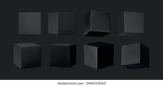 Black Cube collection. set dark cubes of geometric 3d objects isolated. Realistic elements vector illustration