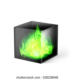 Black cube with green fire flames inside on white