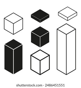 Black cube icons. Different perspectives view. Geometric shape outlines. Vector collection.