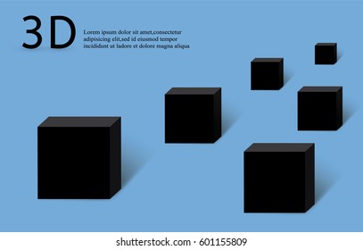 black cube on a blue background.3D .the shadow of the square.vector illustration.