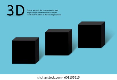 black cube on a blue background.3D .the shadow of the square.vector illustration.