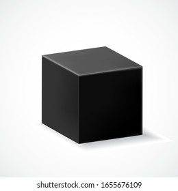 Black cube with shadow isolated on white backgriund. Three dimensional black geometric shape. Vector illustration for your graphic design.