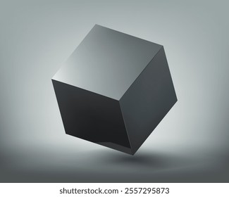Black cube shape with copy space. On dark background. Vector mockup