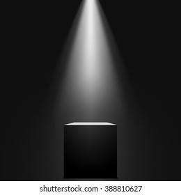 Black cube. Spotlight. Vector illustration.