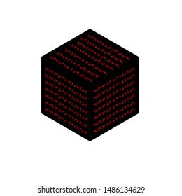Black cube turned on its side with red inscriptions.