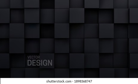 Black cubes abstract background. Random mosaic shapes. Vector architectural illustration. Geometric backdrop. Futuristic interior concept. Square tiles. Business or corporate design element