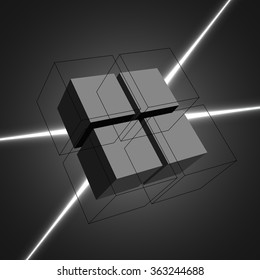 Black cubes with lines. White laser beams. Vector illustration.