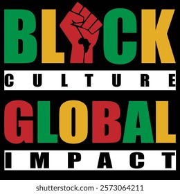 Black Culture, Global Impact typography with a fist that has the African map on the veins of the fist. The colors are red, green and gold.