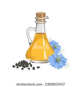 Black cumin seed oil in glass bottle. Vector cartoon illustration of healthy food. Nigella sativa flower and seeds.