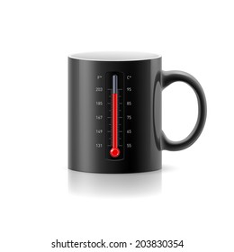 Black cup with a built-in thermometer on white background