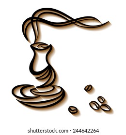 Black cup of coffee with coffee beans on the white background