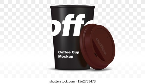 black cup of coffee with brown cap, mockup vector illustration