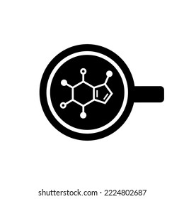 schwarze Tasse Kaffee mit molekularem Koffein. Draufsicht einzeln auf Weiß. Kaffeepause, Vektorgrafik. studieren, schreiben, Unterrichten. Business Lunch Ikone. 