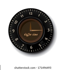 The black cup of coffee with the clock, coffee time. Vector illustration.