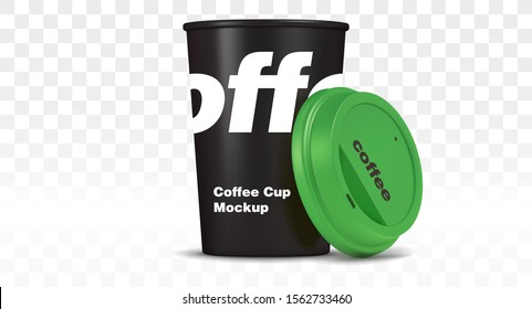 black cup of coffee with green cap, mockup vector illustration