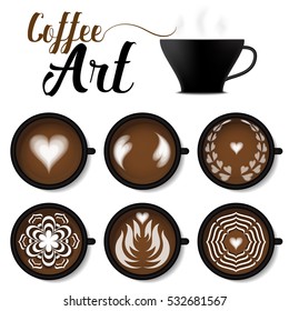 Black cup of coffee latte art set.