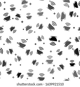 Black Cup of coffee shop with free wifi zone icon isolated seamless pattern on white background. Internet connection placard.  Vector Illustration