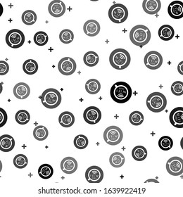 Black Cup of coffee shop with free wifi zone icon isolated seamless pattern on white background. Internet connection placard.  Vector Illustration