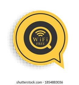 Black Cup of coffee shop with free wifi zone icon isolated on white background. Internet connection placard. Yellow speech bubble symbol. Vector.