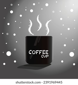 La taza negra de café o té con humo flota. Bebida caliente estilo plano. Diseño decorativo para cafetería, afiches, carteles, tarjeta