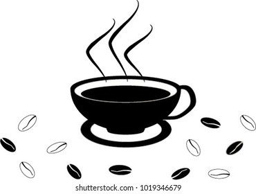 Black cup of fragrant coffee and coffee grains of white and black on a white background