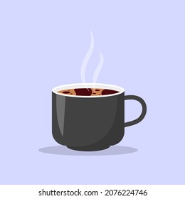 Copa negra de café fresco al estilo de dibujos animados planos. Cerámica con latte de bebida caliente, espresso con vapor. La camioneta llenó el café con espacio para las etiquetas. Excelente para el afiche, tarjeta. Cerrando. Ilustración del vector