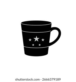 Una taza negra con un mango y un patrón de estrellas grises sobre un fondo blanco.
