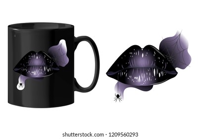 Black cup with black lips and cobwebs