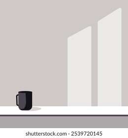 Black cup on a white table against a gray wall. Minimalistic monochrome background, vector. 
