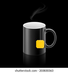 Black cup of something with teabag stay